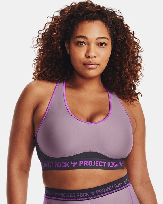 Women's Project Rock Crossback Disrupt Sports Bra, Purple, pdpMainDesktop image number 4